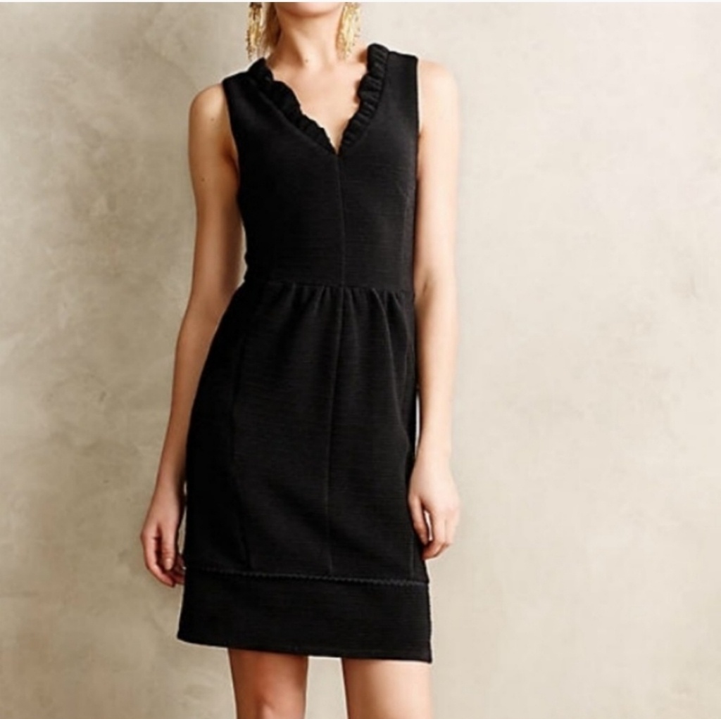 Anthropologie Black Ruffle V-Neck Mini Dress
